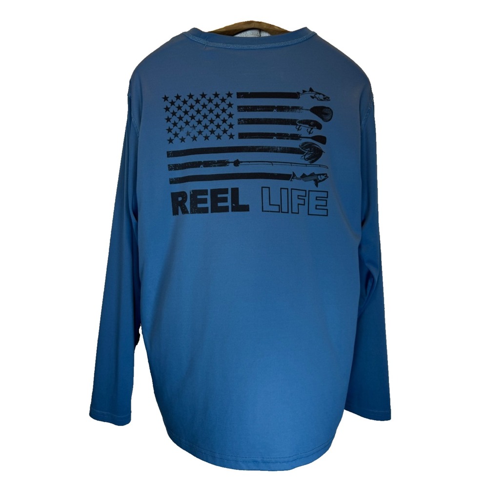 Reel Life Fishing Performance Shirt Men's L Blue Long Sleeve American Flag